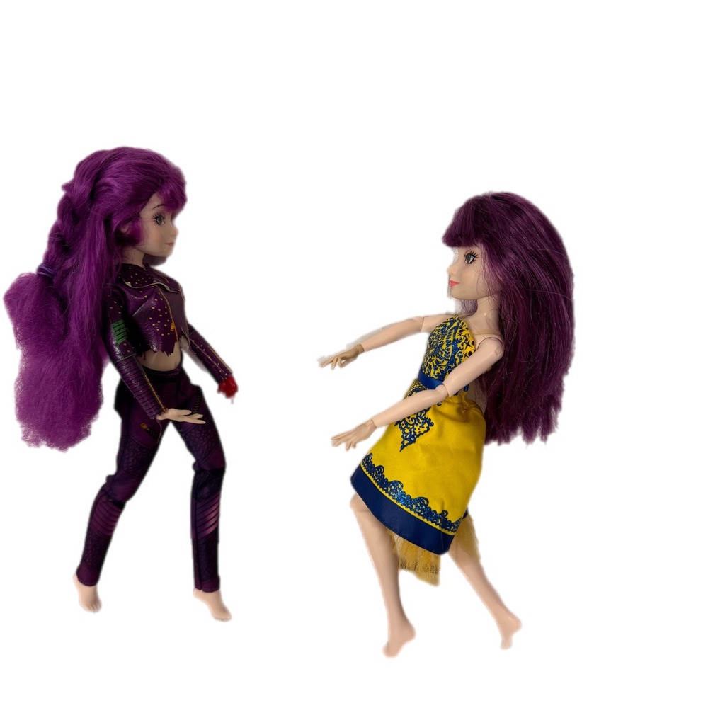 2014 Disney Descendants Mal Doll Lot 2 Purple Yellow Biker Gown Hasbro C-031-G